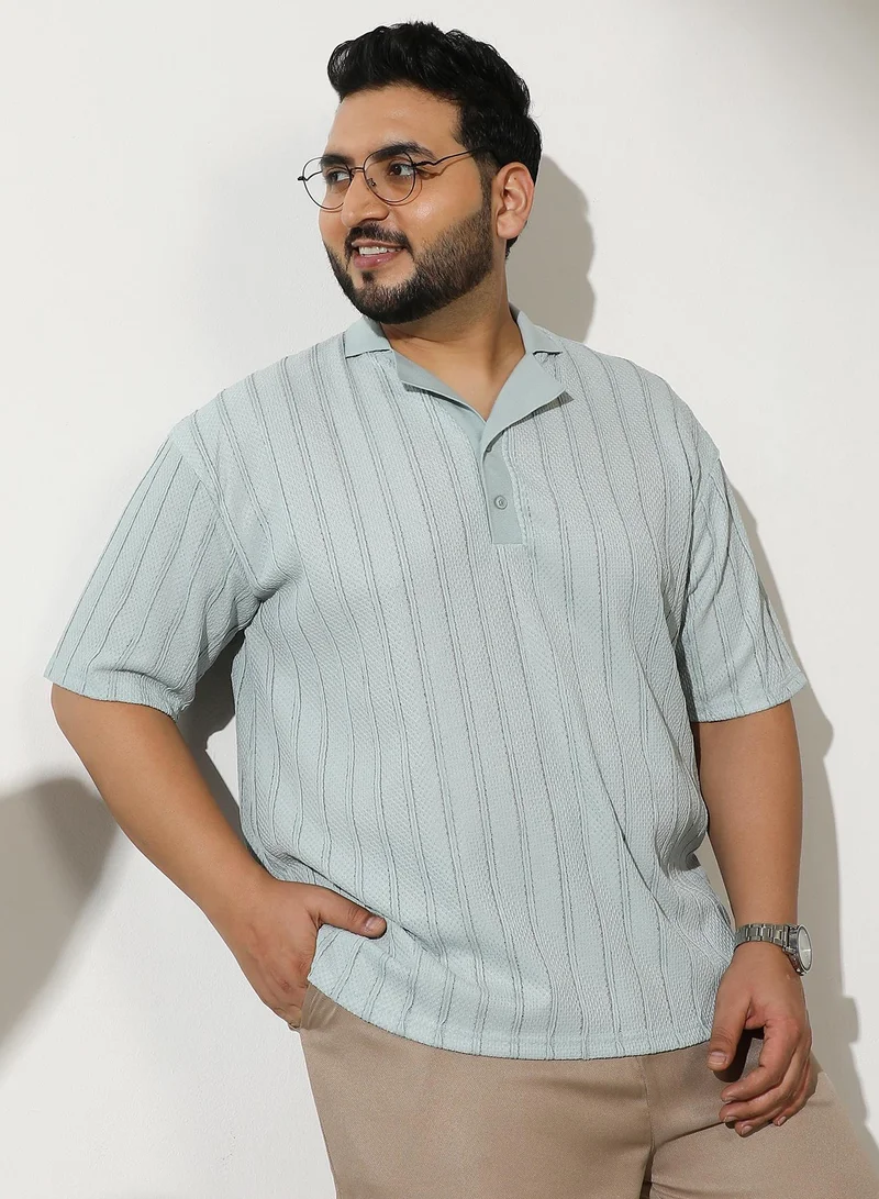 انستافاب بلس تيشيرت بولو رجالي منسوج بنقشة وافل بياقة كوبانية وأكمام قصيرة عادية بأزرار نصفية وحافة مستقيمة من قماش جاكار محبوك صلب للاستخدام اليومي والكاجوال بلون أخضر نعناعي